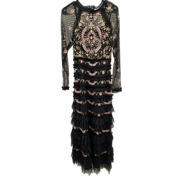Mac Duggal Black Embroidered Floral Tiered Maxi Dress Formal Gown Sz 2 NWT - Picture 4 of 9